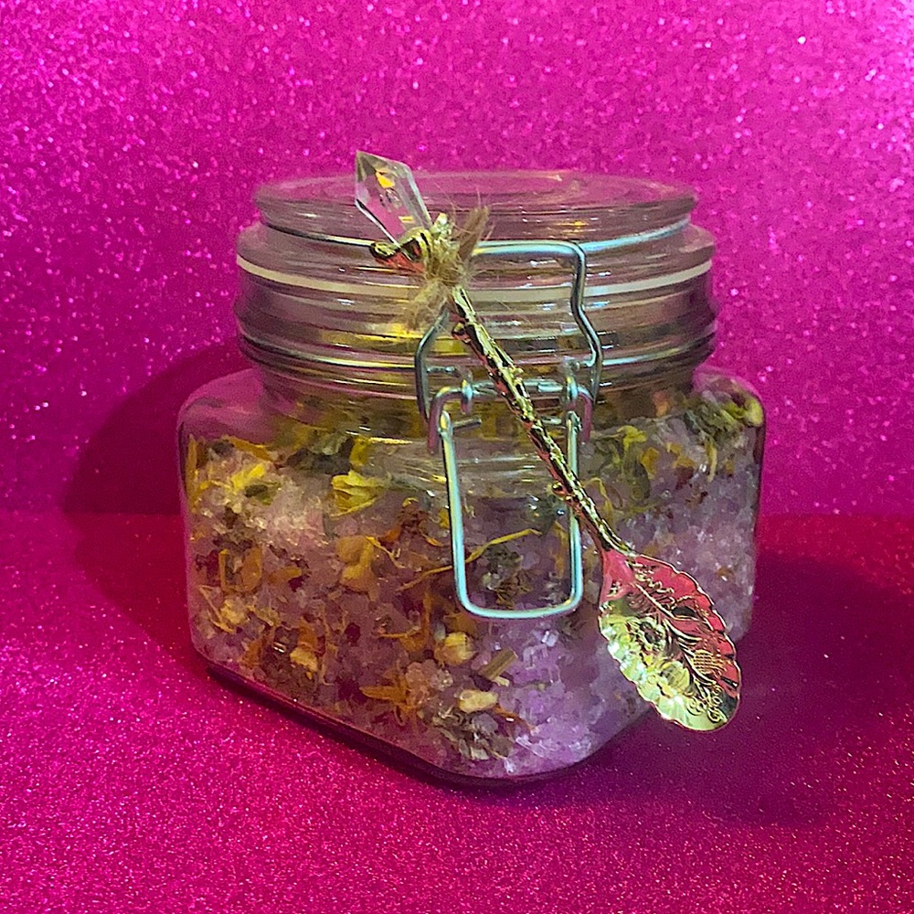 Beautiful bath salts and flowers with silver and Quartz spoon.